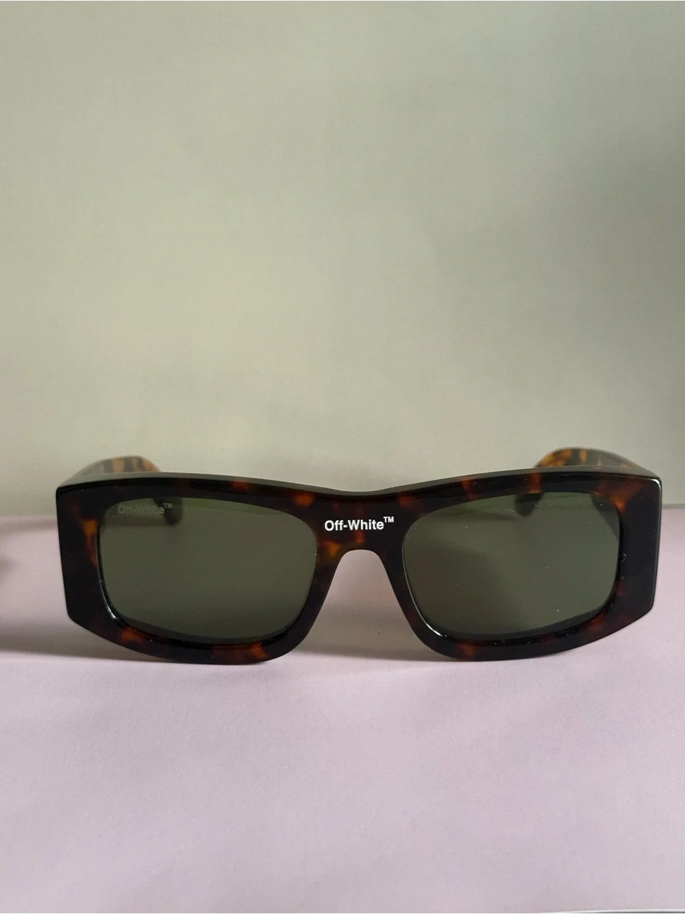Off-White Rectangular Tortoiseshell Sunglasses with Green Lenses